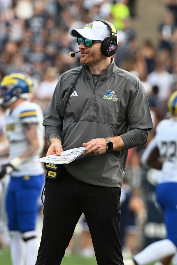 Delaware head coach Ryan Carty reacts during the first half of an NCAA college football game against Penn State, Saturday, Sept. 9, 2023, in State College, Pa. (AP Photo/Barry Reeger)