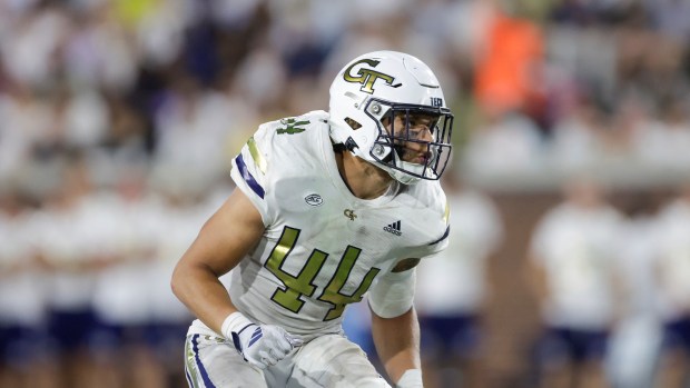 Georgia Tech's Kyle Efford (44) defends during the second half of an NCAA football game against Georgia State on Saturday, Aug. 31, 2024 in Atlanta. (AP Photo/Stew Milne)