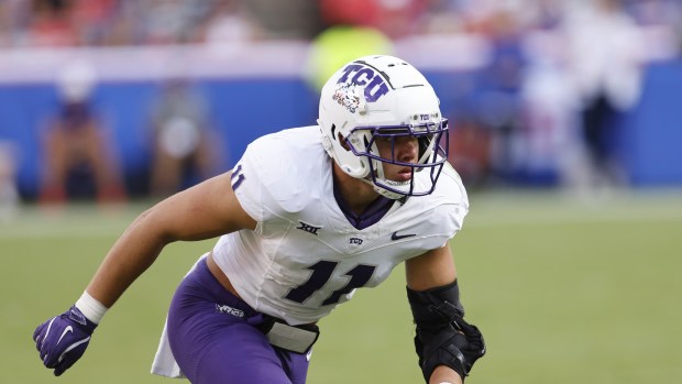 TCU linebacker Devean Deal (11) during an NCAA football game on Saturday, Sept. 28, 2024, in Kansas City, Mo. (AP Photo/Colin E. Braley)