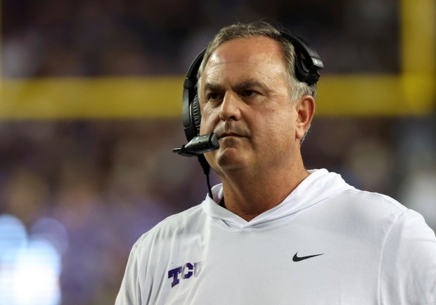 TCU head coach Sonny Dykes stands on the sidelines during an NCAA college football game against Houston Friday, Oct. 4, 2024, in Fort Worth, Texas. (AP Photo/Richard W. Rodriguez)