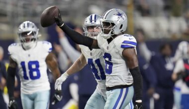 Dallas Cowboys' Donovan Wilson (6) celebrates with Nick Vigil (41) Wilson sacked Tampa Bay Buccaneers' Baker Mayfield (6) and recovered Mayfield's fumble in the second half of an NFL football game in Arlington, Texas, Sunday, Dec. 22, 2024. (AP Photo/Julio Cortez)