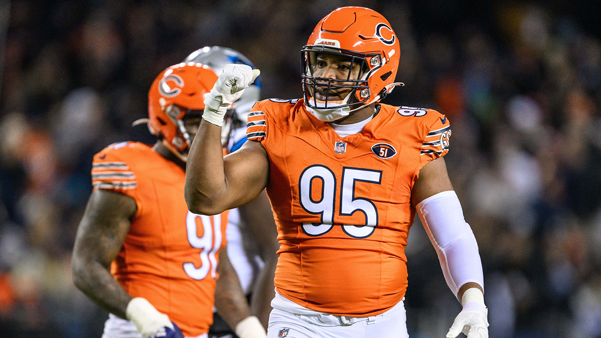 Chicago Bears defensive lineman DeMarcus Walker (95) celebrates a defensive play against the Carolina Panthers during the second quarter at Soldier Field.