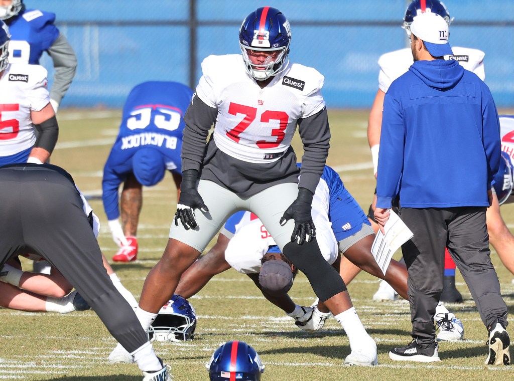 Evan Neal, working out during a Giants practice last season, has been moved to the guard positions this season.