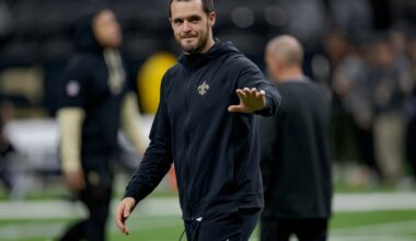 New Orleans Saints quarterback Derek Carr (4) walks the field before a game against the Las Vegas Raiders at Caesars Superdome.