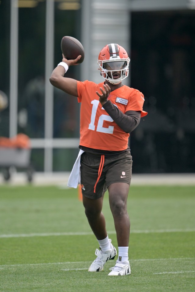 BEREA, OHIO - JUNE 12: Quarterback Shedeur Sanders #12 of the Cleveland Browns passes during organized team activities at CrossCountry Mortgage Campus on June 12, 2025 in Berea, Ohio. (Photo by Jason Miller/Getty Images)