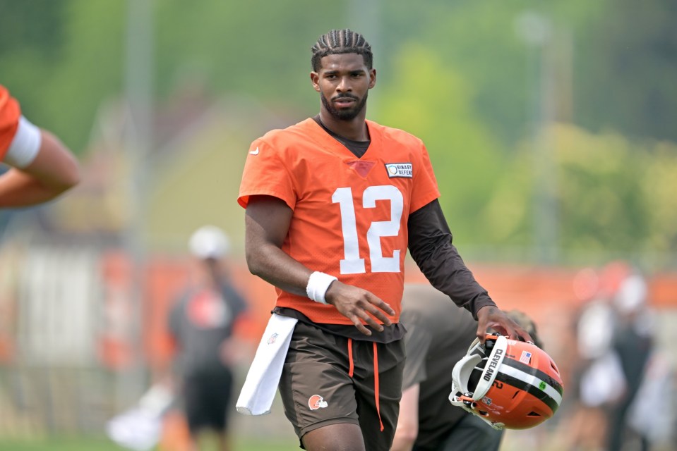 BEREA, OHIO - JUNE 12: Quarterback Shedeur Sanders #12 of the Cleveland Browns watches practice during organized team activities at CrossCountry Mortgage Campus on June 12, 2025 in Berea, Ohio. (Photo by Jason Miller/Getty Images)