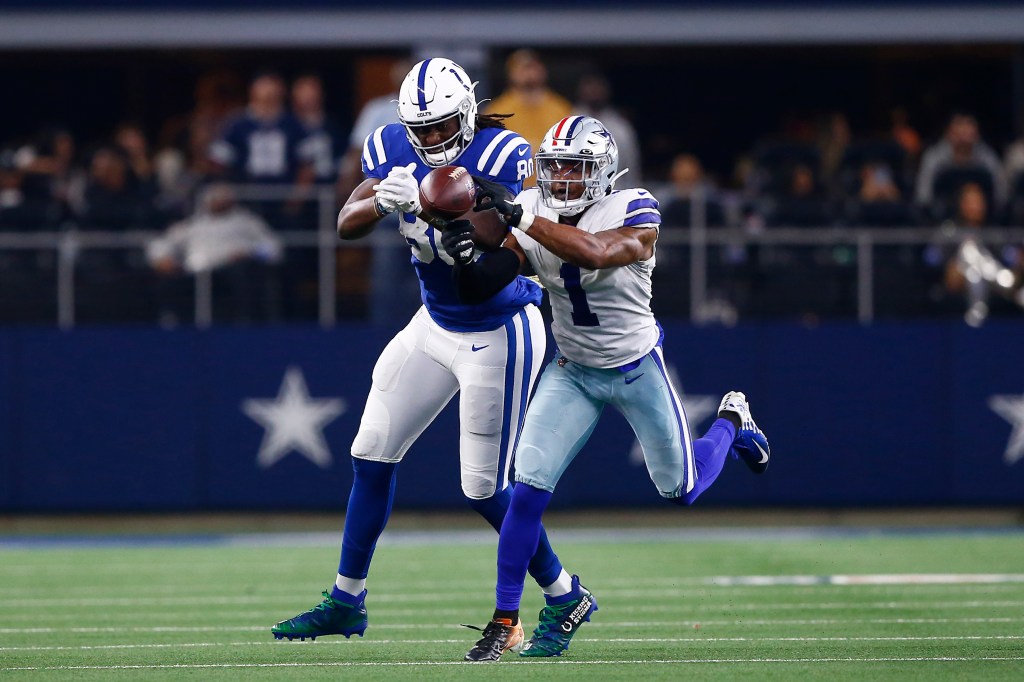Dallas Cowboys cornerback Kelvin Joseph (1) breaks up the pass intended for Dallas Cowboys wide receiver Brandon Smith (80) during and NFL game between the Indianapolis Colts and the Dallas Cowboys on December 04, 2022 at AT&T Stadium in Arlington TX. 