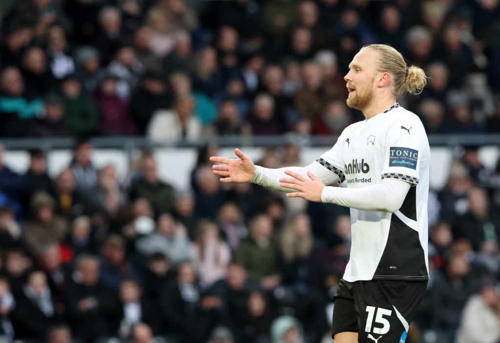 Derby County's Lars-Jorgen Salvesen during the Sky Bet Championship match between Derby County FC and Sheffield United FC