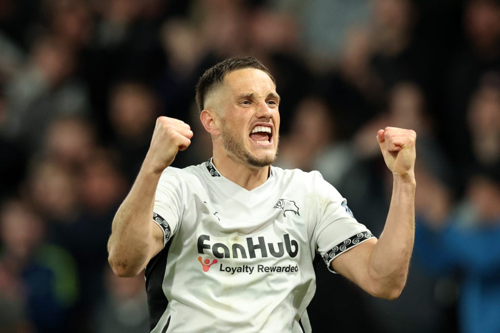 Jerry Yates of Derby County celebrates scoring his team's second goal during the Sky Bet Championship match between Derby County FC and Preston North End FC
