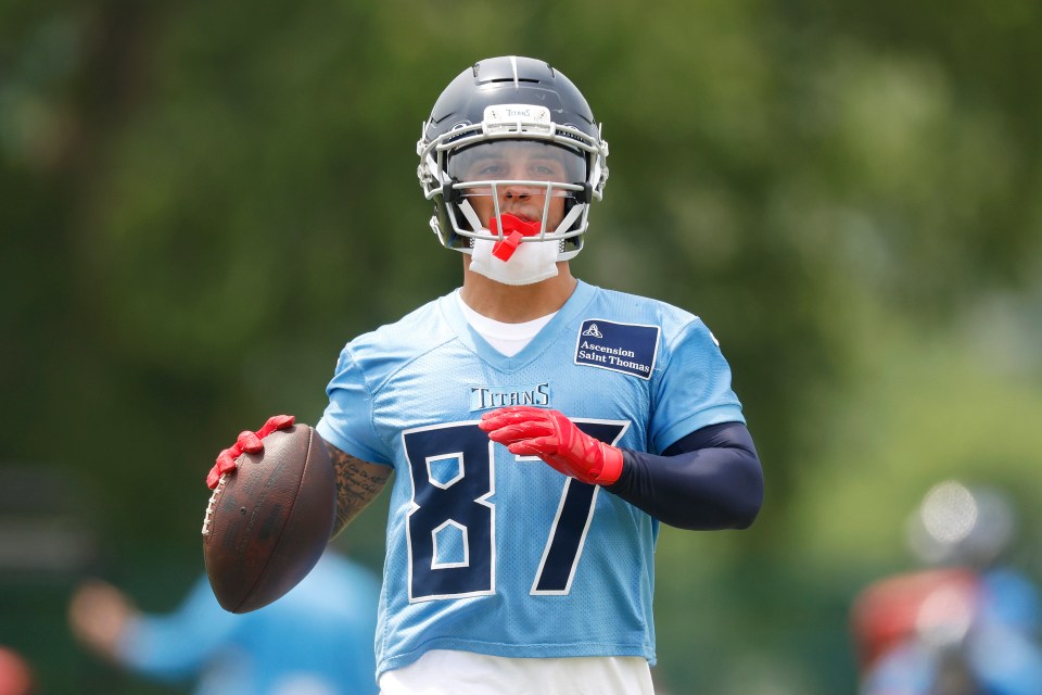 NASHVILLE, TENNESSEE - JUNE 11: Xavier Restrepo #87 of the Tennessee Titans looks on during Day 2 of Titans Mandatory Minicamp at Ascension Saint Thomas Sports Park on June 11, 2025 in Nashville, Tennessee. (Photo by Johnnie Izquierdo/Getty Images)