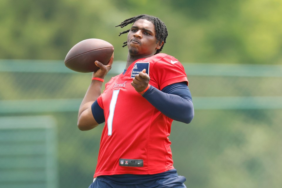 NASHVILLE, TENNESSEE - JUNE 11: Cam Ward #1 of the Tennessee Titans drops back to pass during Day 2 of Titans Mandatory Minicamp at Ascension Saint Thomas Sports Park on June 11, 2025 in Nashville, Tennessee. (Photo by Johnnie Izquierdo/Getty Images)