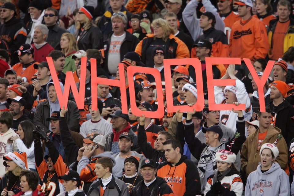 CINCINNATI - DECEMBER 24:  Fans of the Cincinnati Bengals display a "Who Dey" sign during the NFL game with the Buffalo Bills at Paul Brown Stadium on December 24, 2005 in Cincinnati, Ohio. The Bills won 37-27. (Photo by Andy Lyons/Getty Images)