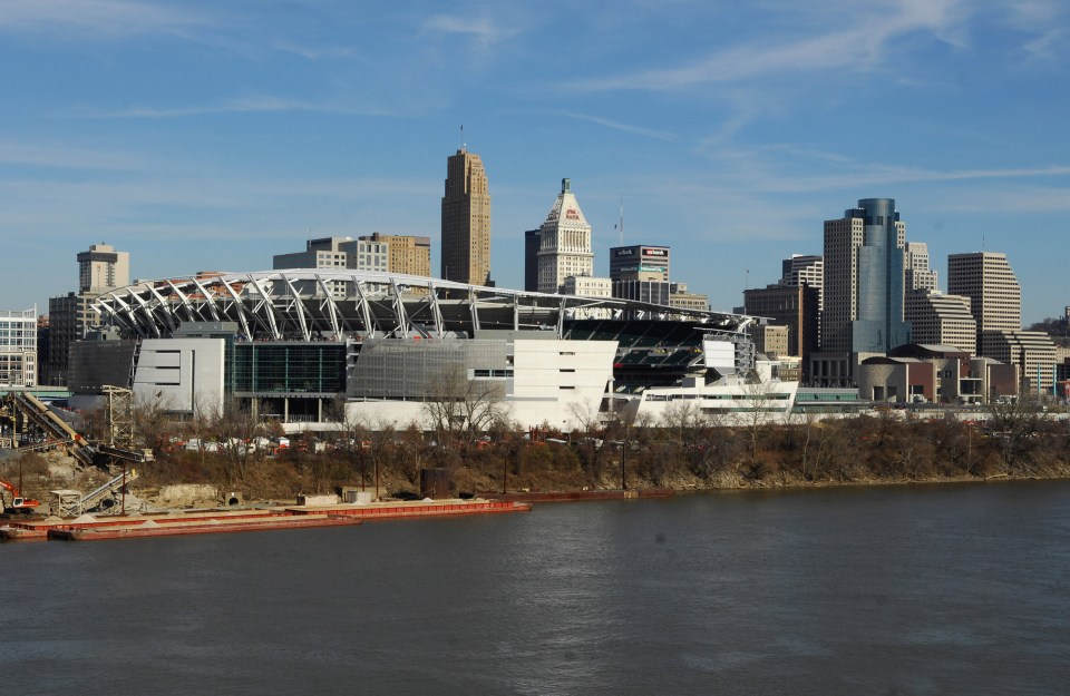 General view of Paul Brown Stadium, home of the Cincinnati Bengals, with the Ohio River and downtown skyline in Cincinnati, Ohio on Sunday, December 10, 2006. (Photo by Kirby Lee/Getty Images)