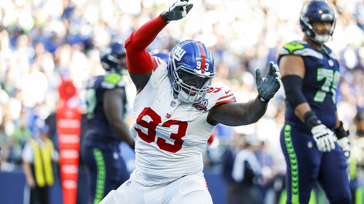 Oct 6, 2024; Seattle, Washington, USA; New York Giants defensive tackle Rakeem Nunez-Roches (93) celebrates following a sack against the Seattle Seahawks during the fourth quarter at Lumen Field. Mandatory Credit: Joe Nicholson-Imagn Images