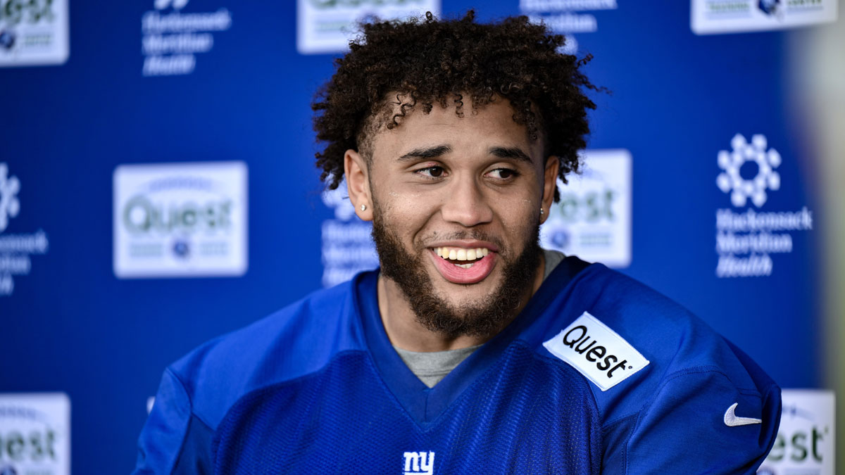 New York Giants offensive lineman Marcus Mbow (71) speaks during a press conference after rookie minicamp at Quest Diagnostics Training Center.