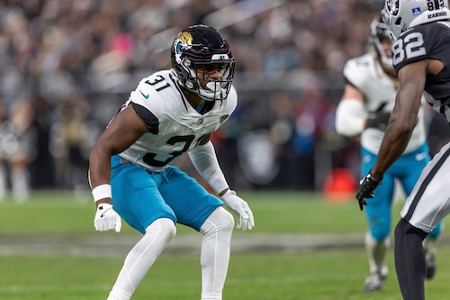 Jacksonville Jaguars running back Keilan Robinson plays against the Las Vegas Raiders