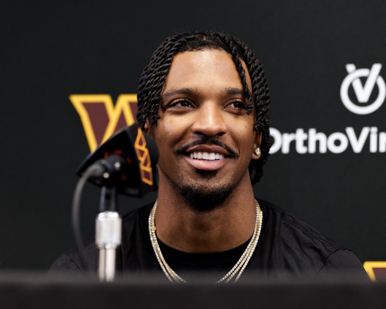 Washington Commanders quarterback Jayden Daniels speaks to the media after the team's OTAs on May 28, 2025, at Commanders Park in Ashburn, Va. (Marcus Relacion/The Washington Informer)