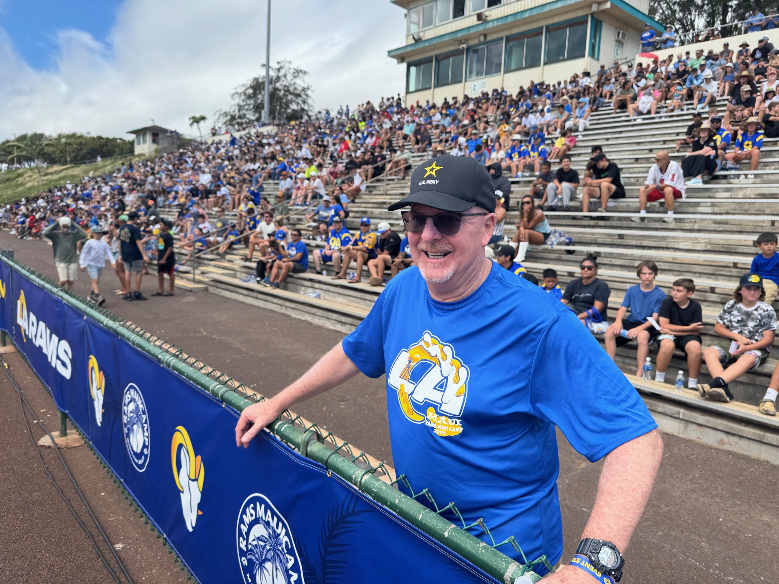 Pat McCall, the Maui County Parks and Recreation director, kept an eye on things Wednesday at Wamorial Stadium during the Los Angeles Rams "Mauicamp." HJI / ROB COLLIAS photo