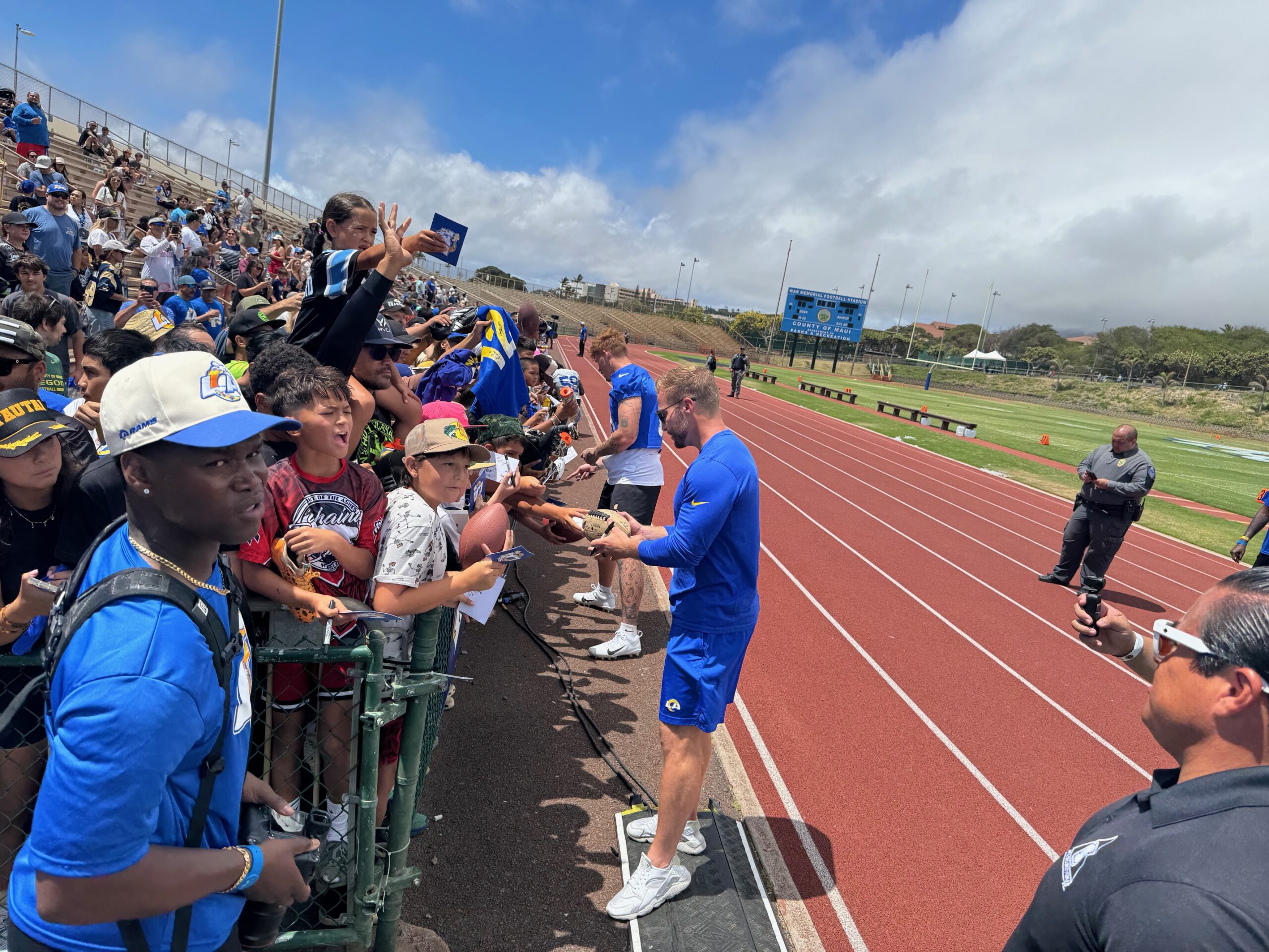 Los Angeles Rams head coach Sean McVay signed autographs at the Rams' 'Mauicamp' at War Memorial Stadium on Wednesday. HJI / ROB COLLIAS photo