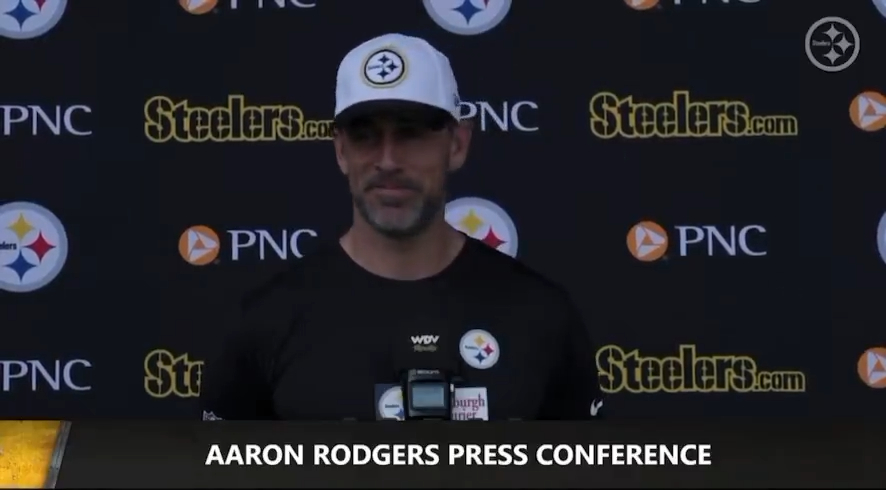 Aaron Rodgers at a press conference.