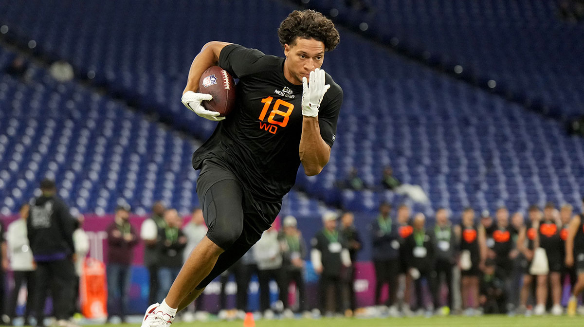 Patriots 2025 NFL Draft prospect, Iowa State wideout Jayden Higgins (WO18), during the 2025 NFL Combine at Lucas Oil Stadium.