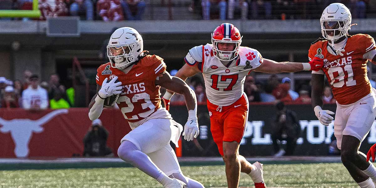 Texas Longhorns running back Jaydon Blue (23) runs the ball during the game against Clemson in the first round of the College Football Playoffs at Darrell K Royal-Texas Memorial Stadium on Saturday, Dec. 21, 2024.