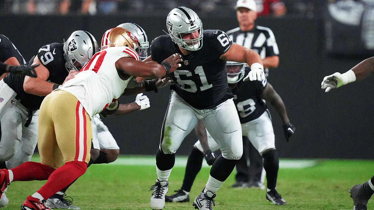 Las Vegas Raiders guard Jordan Meredith (61) against the San Francisco 49ers in the first half at Allegiant Stadium.