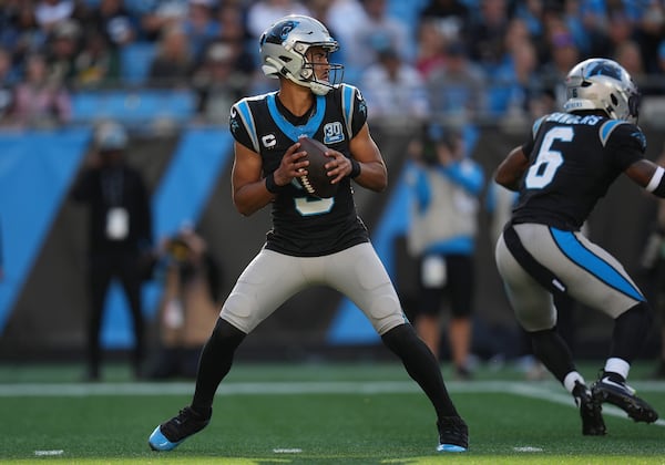 Bryce Young of the Carolina Panthers steps back to pass during the third quarter against the New Orleans Saints at Bank of America Stadium on Nov. 3, 2024, in Charlotte, North Carolina. (Grant Halverson/Getty Images/TNS)