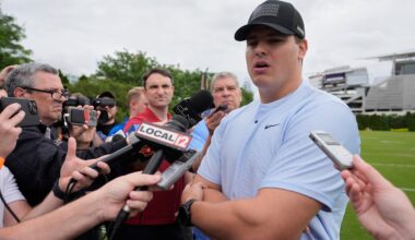 Cincinnati Bengals defensive end Trey Hendrickson speaks to media during NFL football practice on Tuesday, May 13, 2025, in Cincinnati. (AP Photo/Carolyn Kaster)