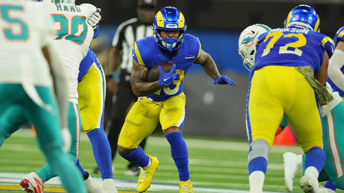 Los Angeles Rams running back Kyren Williams (23) carries the ball against the Miami Dolphins in the second half at SoFi Stadium.
