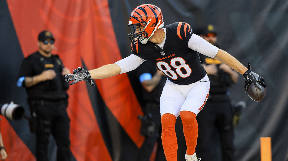 Cincinnati Bengals tight end Mike Gesicki (88) reacts after scoring a touchdown against the Las Vegas Raiders in the second half at Paycor Stadium.