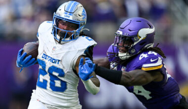MINNEAPOLIS, MINNESOTA - OCTOBER 20: Josh Metellus #44 of the Minnesota Vikings tackles Jahmyr Gibbs #26 of the Detroit Lions as he carries the ball in the fourth quarter of the game at U.S. Bank Stadium on October 20, 2024 in Minneapolis, Minnesota. (Photo by Stephen Maturen/Getty Images)