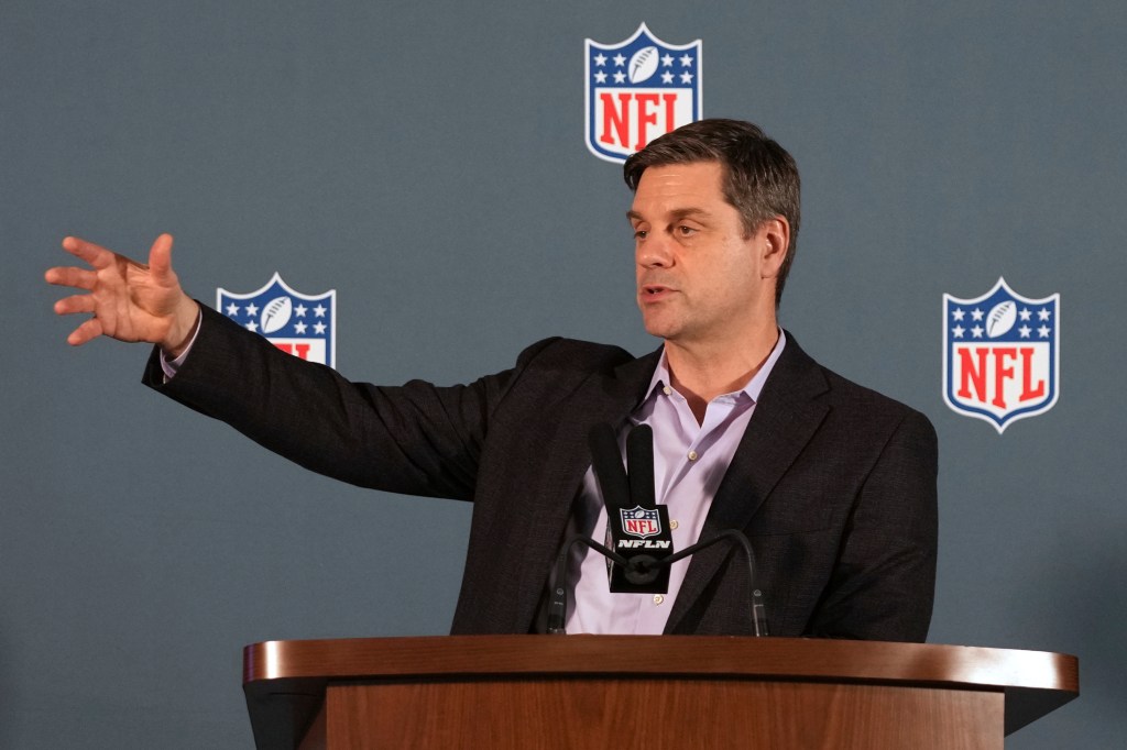 Brian Rolapp, NFL executive vice president and chief media and business officer, speaks during a news conference at the NFL football annual meetings Monday, March 31, 2025, in Palm Beach, Fla.