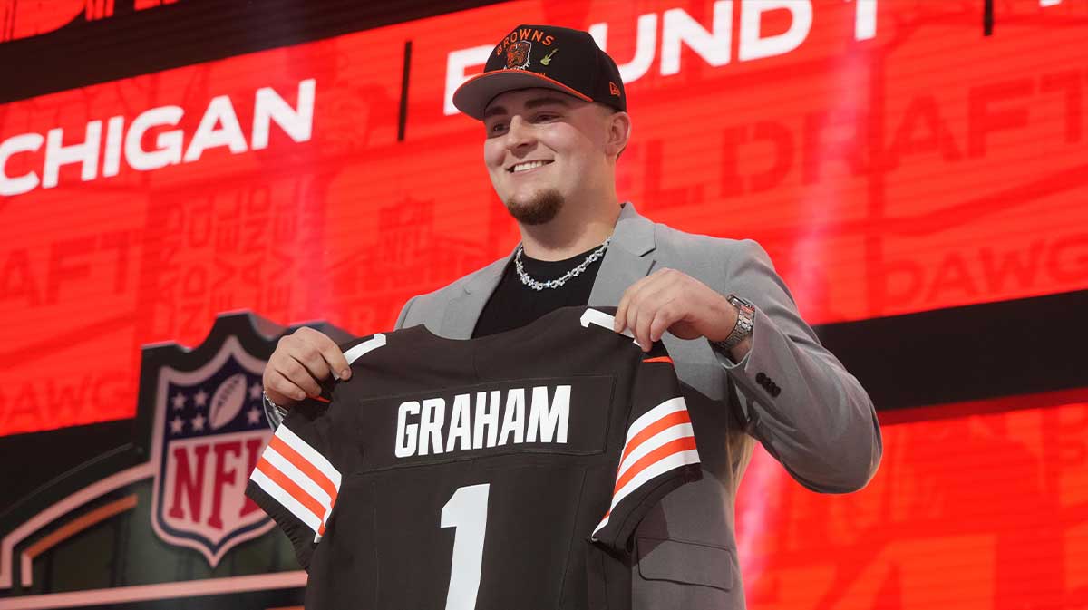 Michigan Wolverines defensive lineman Mason Graham is selected by the Cleveland Browns as the number five pick in the first round of the 2025 NFL Draft at Lambeau Field.