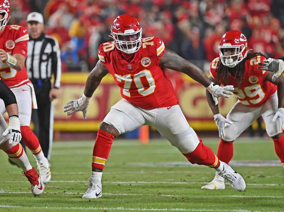 FILE - Kansas City Chiefs offensive tackle D.J. Humphries (70) gets set to block during an NFL...
