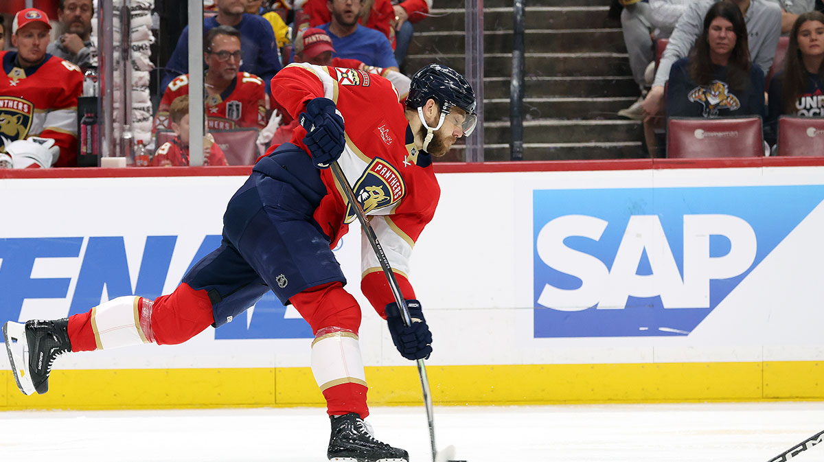 Florida Panthers left wing A.J. Greer (10) shoots against the Toronto Maple Leafs during the second period in game four of the second round of the 2025 Stanley Cup Playoffs at Amerant Bank Arena.