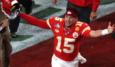 Patrick Mahomes #15 of the Kansas City Chiefs celebrates after defeating the San Francisco 49ers 25-22 in overtime during Super Bowl LVIII