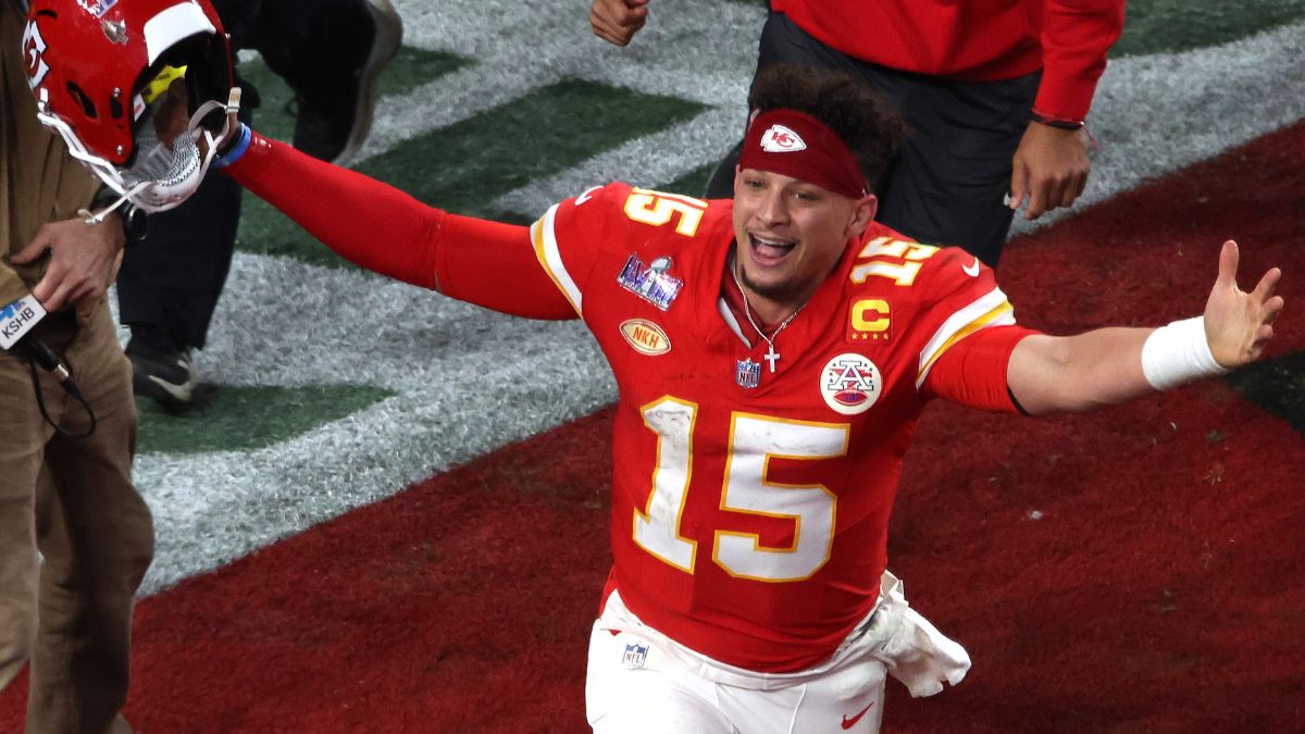 Patrick Mahomes #15 of the Kansas City Chiefs celebrates after defeating the San Francisco 49ers 25-22 in overtime during Super Bowl LVIII