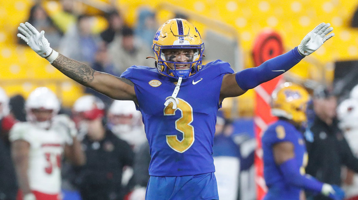 Pittsburgh Panthers defensive back Donovan McMillon (3) reacts after a defensive stop against the Louisville Cardinals during the fourth quarter at Acrisure Stadium.