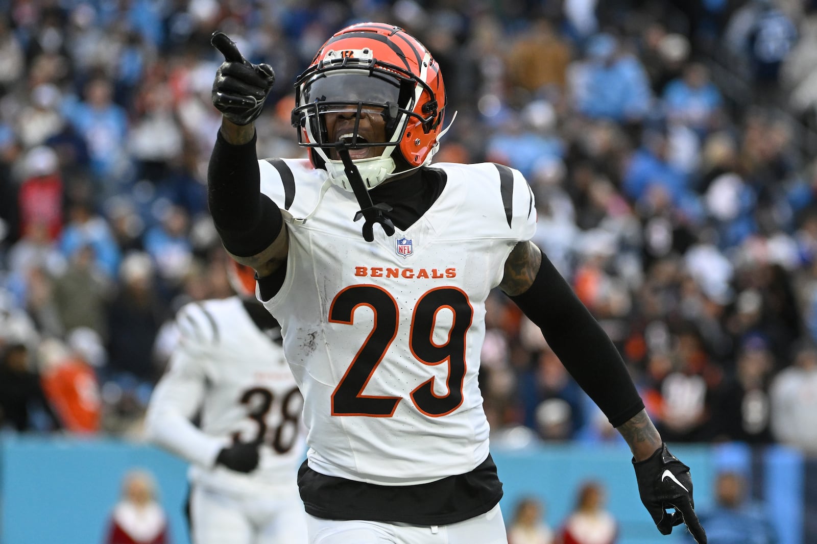 Cincinnati Bengals cornerback Cam Taylor-Britt (29) celebrates after a Cincinnati Bengals interception during the second half of an NFL football game against the Tennessee Titans, Sunday, Dec. 15, 2024, in Nashville, Tenn. (AP Photo/John Amis)