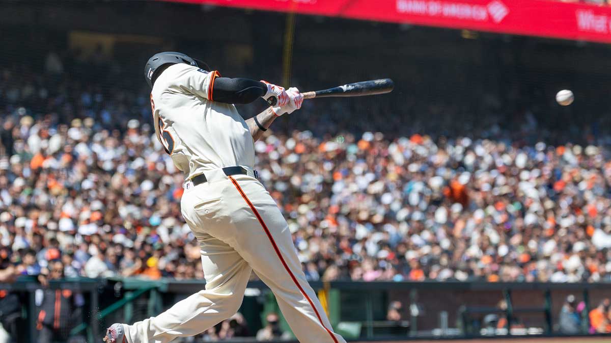 Jun 19, 2025; San Francisco, California, USA; San Francisco Giants infielder Rafael Devers (16) singles during the eighth inning against the Cleveland Guardians at Oracle Park. 
