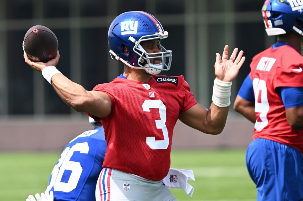 Russell Wilson throws a pass during Giants practice on June 5, 2025.