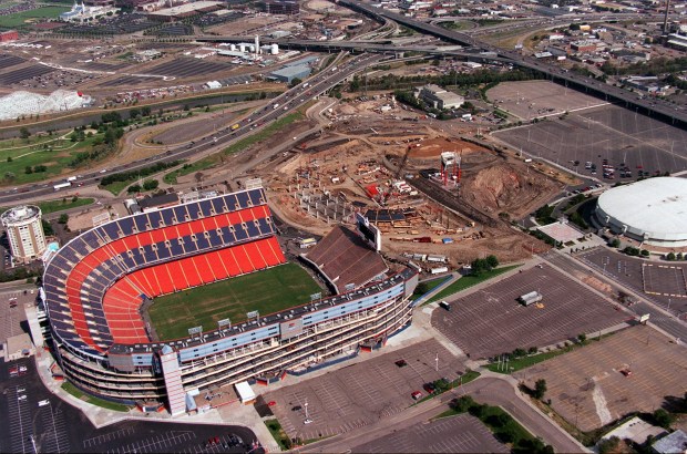 An aerial view of the then-new Broncos stadium under construction between Mile High Stadium and McNichols Arena, on August 11, 1999, in Denver. (Photo by John Leyba/The Denver Post)