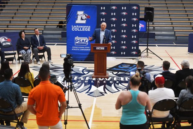 Lackawanna College football Head Coach Mark Duda speaks during the press conference in the Lackawanna College Student Union in downtown Scranton Thursday, June 26, 2025. (SEAN MCKEAG / STAFF PHOTOGRAPHER)
