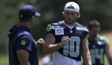 Seattle Seahawks Cooper Kupp Mike Macdonald fist bump 2025 minicamp...