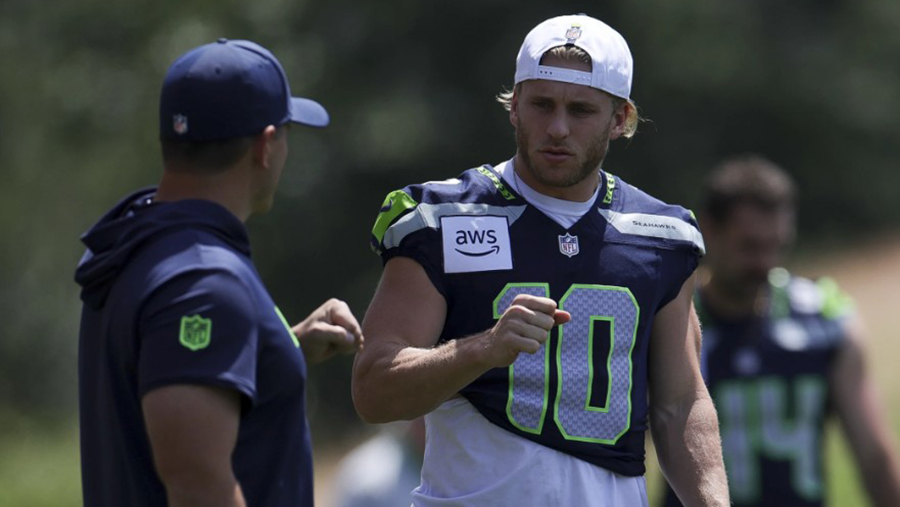 Seattle Seahawks Cooper Kupp Mike Macdonald fist bump 2025 minicamp...