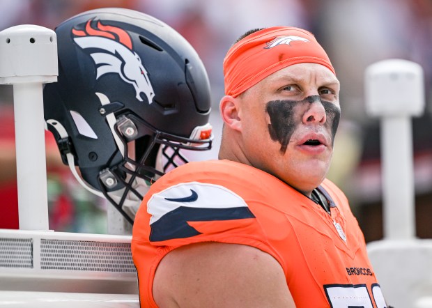 Garett Bolles (72) of the Denver Broncos cools down during the first quarter against the Tampa Bay Buccaneers at Raymond James Stadium in Tampa, Florida on Sunday, Sept. 22, 2024. (Photo by AAron Ontiveroz/The Denver Post)