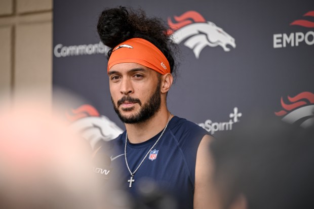 Talanoa Hufanga (9) of the Denver Broncos speaks during OTAs at Broncos Park in Englewood, Colorado on Thursday, May 29, 2025. (Photo by AAron Ontiveroz/The Denver Post)
