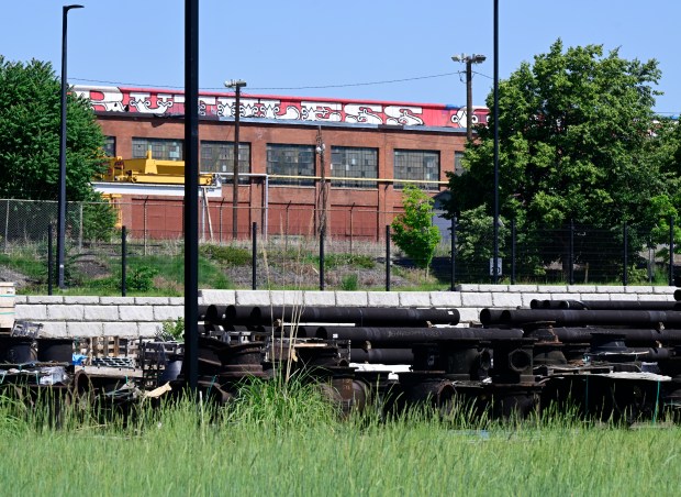 Old pipes at the Denver Water Administration campus with Burnham...