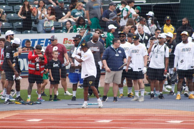 The fourth annual Devonta Smith Celebrity Softball Game takes place Saturday, June 28, 2025, at Coca-Cola Park in Allentown. The event features players from the Philadelphia Eagles competing in a home-run derby and a softball game. (Oliver Lois Economidis/The Morning Call)
